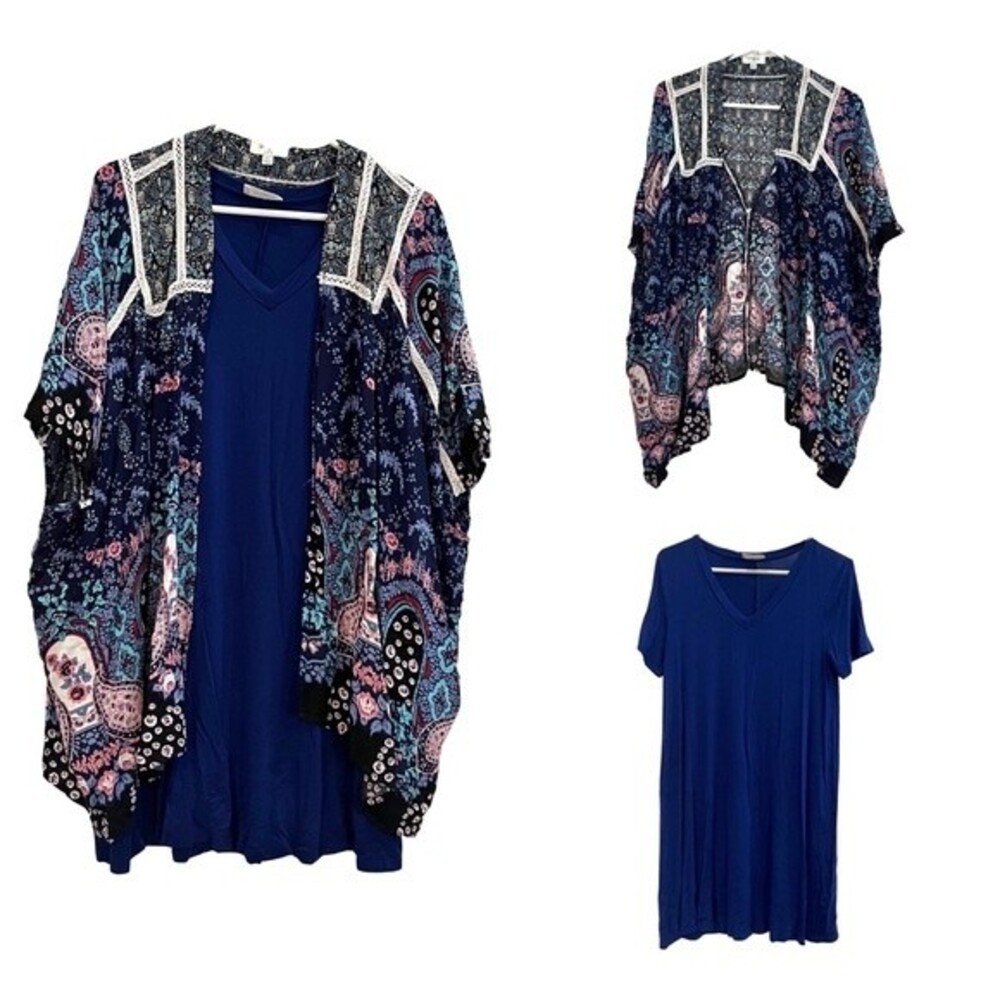 Umgee boho kimono wrap and Everly navy V-neck dress size large